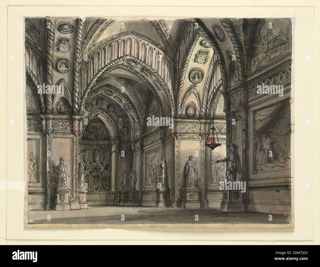 Stage Design, UN appartement de la reine du ballet 'il Conte d'Essex' de Gaetano Gioja, première exécution à la Scala en 1818, Romolo Achille Liverani, italien, 1809 - 1872, Alessandro Sanquirico, italien, 1777 - 1849, stylo et encre noire, pinceau et lavage sur papier coulé, rectangle horizontal. Intérieur de la salle gothique avec des décorations peintes et sculpturales, lampe éclairée suspendue à droite., Europe, début du XIXe siècle, théâtre, dessin Banque D'Images