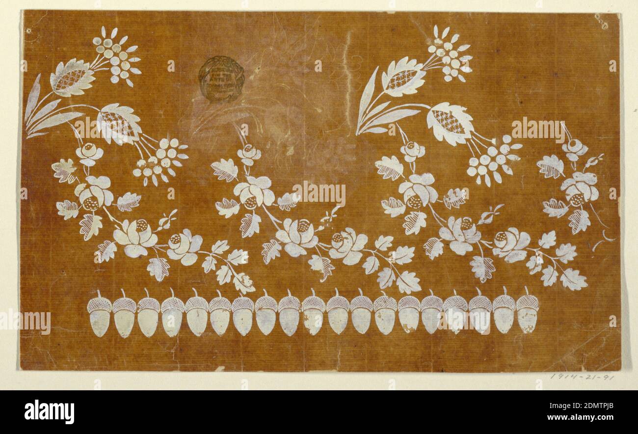 Design pour une bordure horizontale brodée ou tissée de la fabrique de Saint RUF, fabrique de Saint RUF, Lyon, France, lignes incisées, gouache et gouache de qhite sur papier de traçage glacé collé sur papier, toutes les autres d'une rangée de branches de rose ondulantes commence d'une plante. La première intention avait été de laisser tous commencer ainsi, comme le prouve une plante effacée. Une rangée d'acorns est en bas. Pas tout à fait deux répétitions sont montrées., France, 1805–1815, dessin Banque D'Images