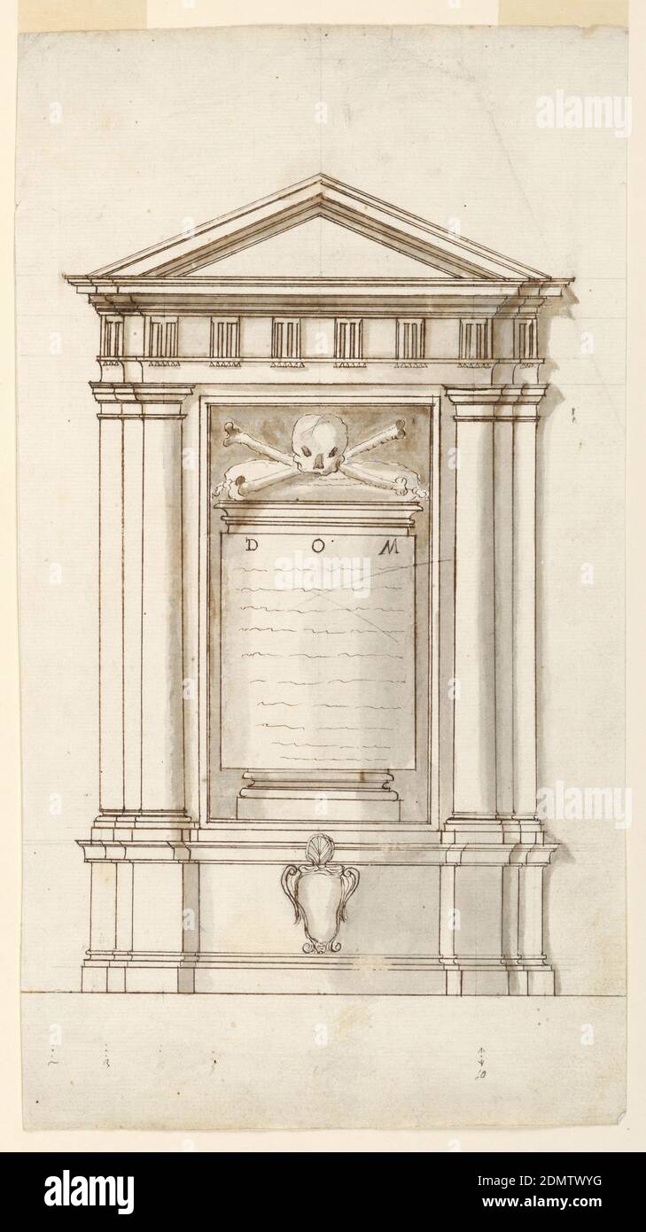 Élévation d'un monument de Sépulcre, stylo et encre brune, pinceau et lavage gris, graphite sur papier blanc cassé, aédicule avec fronton triangulaire et triglyphes. Dans un crâne et des crossones au-dessus d'une inscription commençant par DOM. Filigrane: Colombe sur un triple support, en cercle au-dessus de F, Italie, ca. 1790, architecture, dessin Banque D'Images