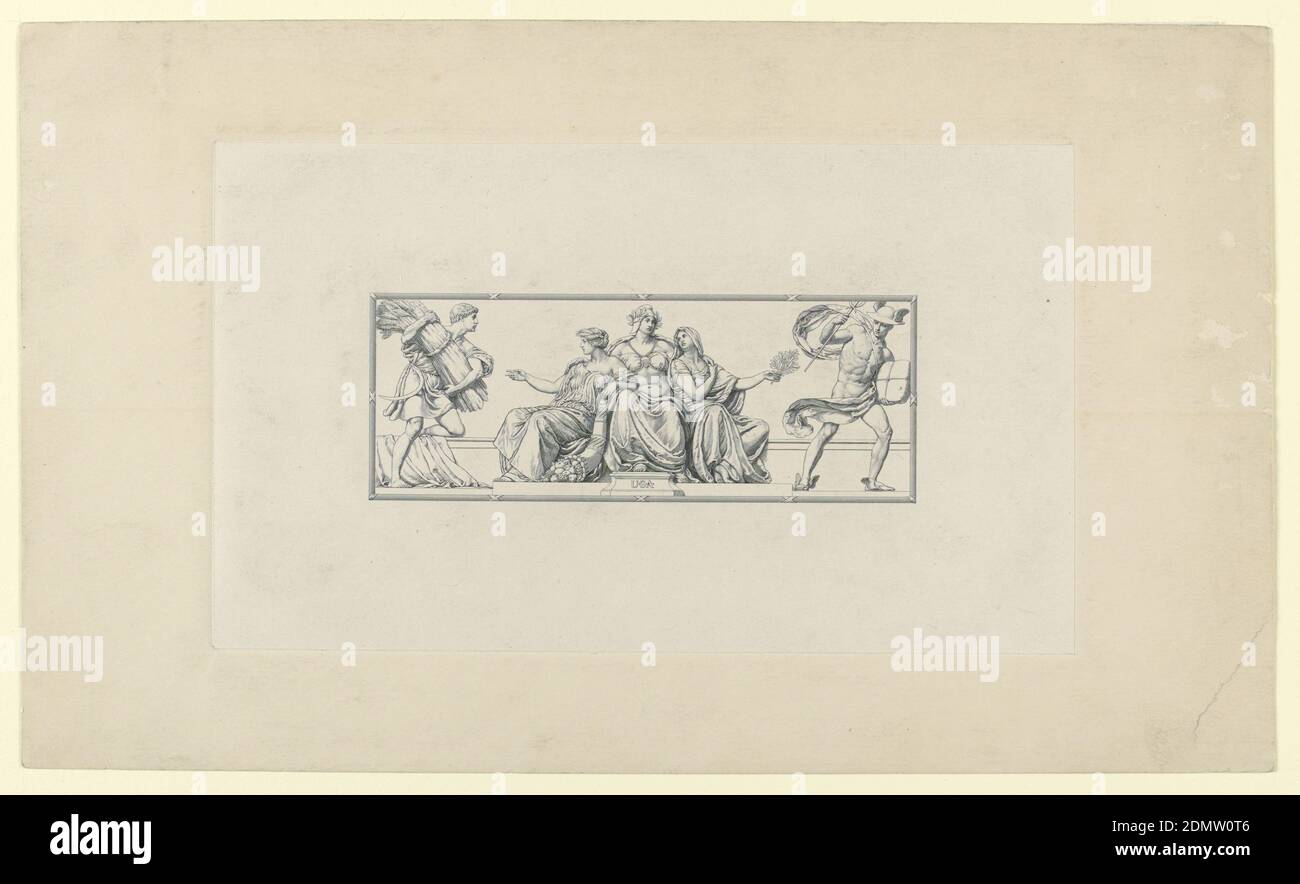 100 $ Federal Reserve Note, Kenyon Cox, American, 1856–1919, gravure à l'encre noire sur papier, mise en place, Design for United States Bank Note. Les figures allégoriques représentent, de gauche à droite: Agriculture, prospérité, Amérique, paix, et Commerce., Etats-Unis, ca. 1914, numismatique, Imprimer Banque D'Images