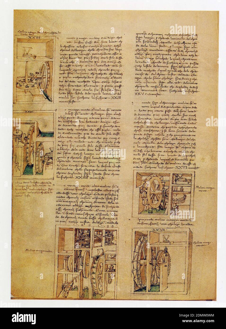 Francesco di Giorgio. Trattato 1. Commentaire et dessin de cinq moulins. Banque D'Images