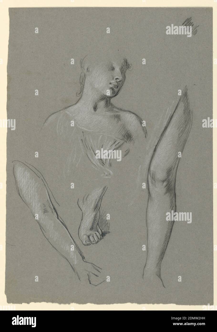 Détails des études de figures, Elihu Vedder, américain, 1836 – 1923, crayon, crayon noir, craie blanche, sur papier gris, rectangle vertical. Au-dessus, la tête et les épaules d'une jeune femme; au-dessous, le bras, la jambe, le pied de la femme, USA, ca. 1885, dessin Banque D'Images