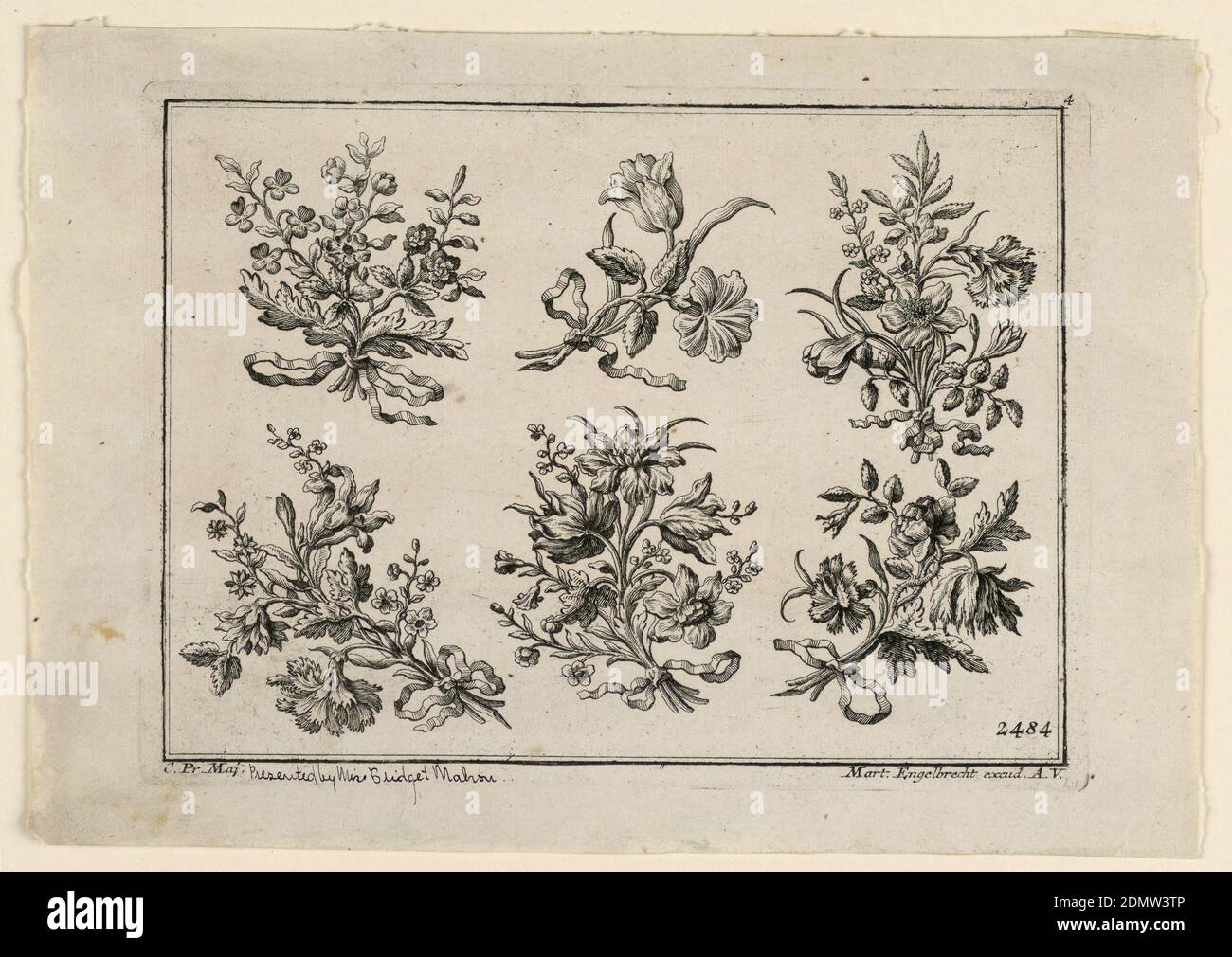 Fleurs, Martin Engelbrecht, allemand, 1684–1756, gravure sur papier, six nosegays, disposé en deux rangées., Augsburg, Allemagne, France, 1725-1750, Imprimer Banque D'Images