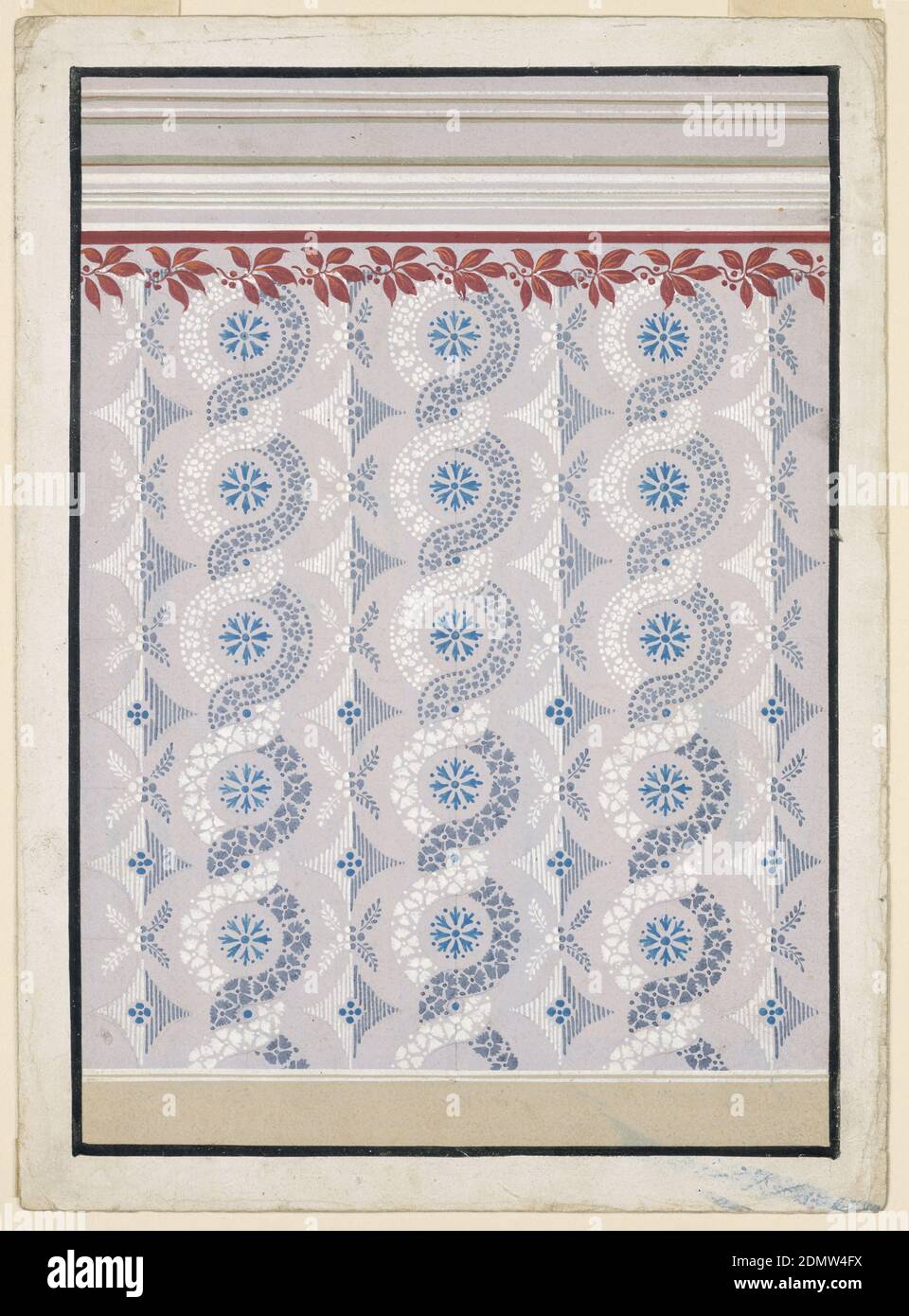 Design pour la décoration peinte d'un mur, pinceau et gouache, graphite sur papier, UN dado est montré ci-dessous, une entablature ci-dessus. Dans le panneau, alternent des lignes verticales, composées de rosettes de lozenge et de motifs pétale et mough, et de deux bandes montantes, entrelacées, qui forment respectivement de grands et petits cercles contenant des rosettes et des imprimés. Les pétales forment les bandes ci-dessous, les pétales sont encadrés par des perles au-dessus. Les bandes de gauche sont blanches, les bandes de droite sont sombres. Une guirlande de feuilles de Laurier et de graines sous une bande mauve est montrée sur le dessus, avec sa partie supérieure sur fond gris., Vienne, Autriche Banque D'Images