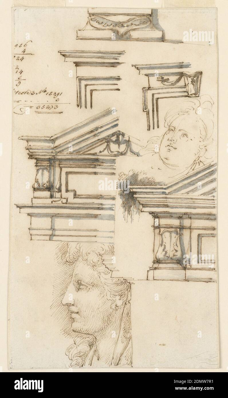 Feuille avec esquisses et têtes architecturales, Filippo Marchionni, italien, 1732–1805, encre de plume et brune, pinceau et lavage noir sur papier crème, études architecturales de vitrines partielles ou de portes ainsi que deux têtes; quelques chiffres comptables en haut à gauche., Italie, 1750–75, architecture, dessin Banque D'Images