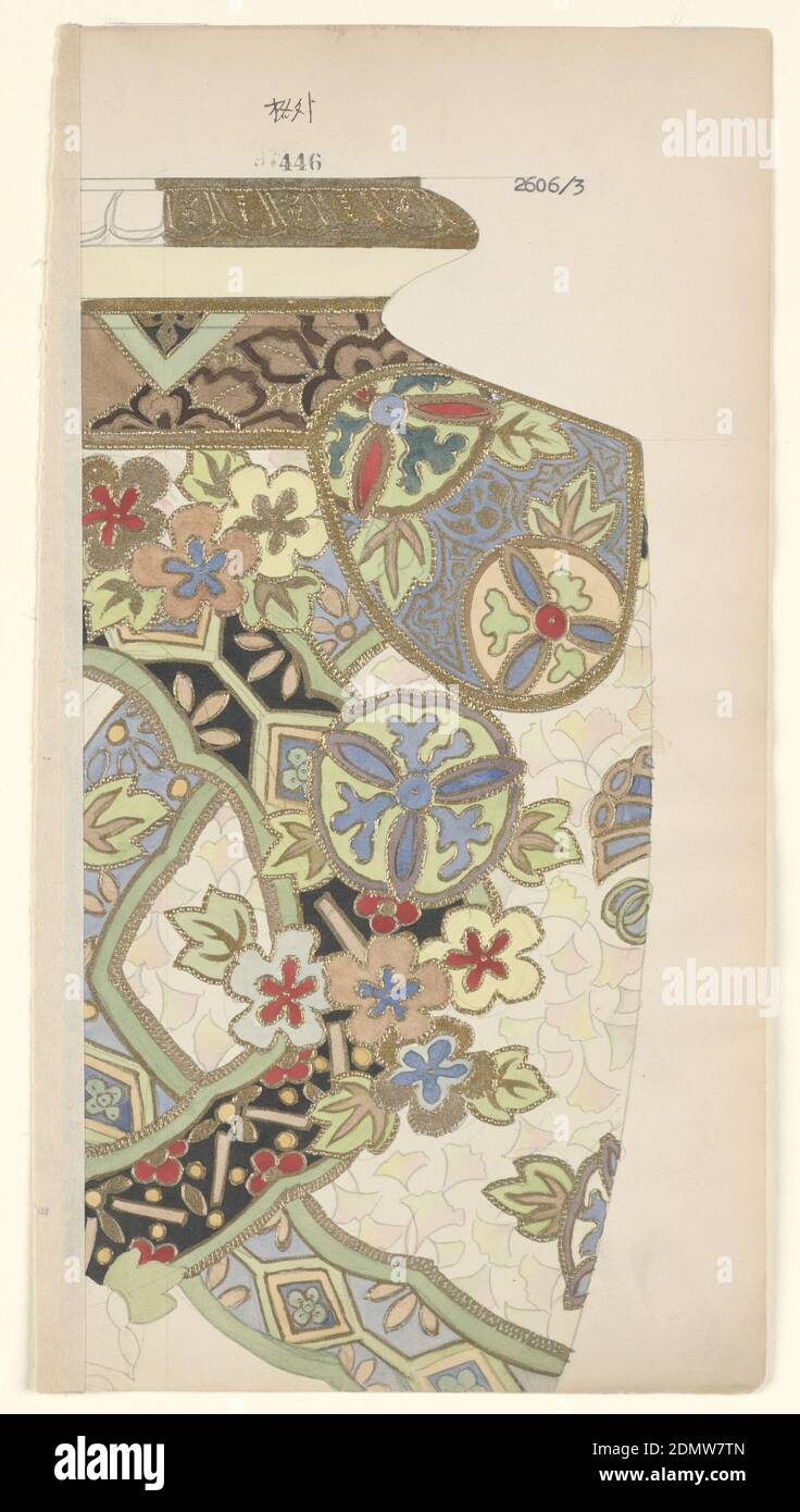 Dessin pour un pot, pinceau et aquarelle, noir, gouache d'or sur papier crème, dessin pour un pot, partiellement décoré, avec des bandes de croisement soulignées en vert et remplies de fleurs en or, rouge, et vert sur sol bleu ou noir; Formes circulaires contenant également des motifs floraux et des arabesques et autres fleurs., Japon, 1880–1910, vaisselle, dessin Banque D'Images