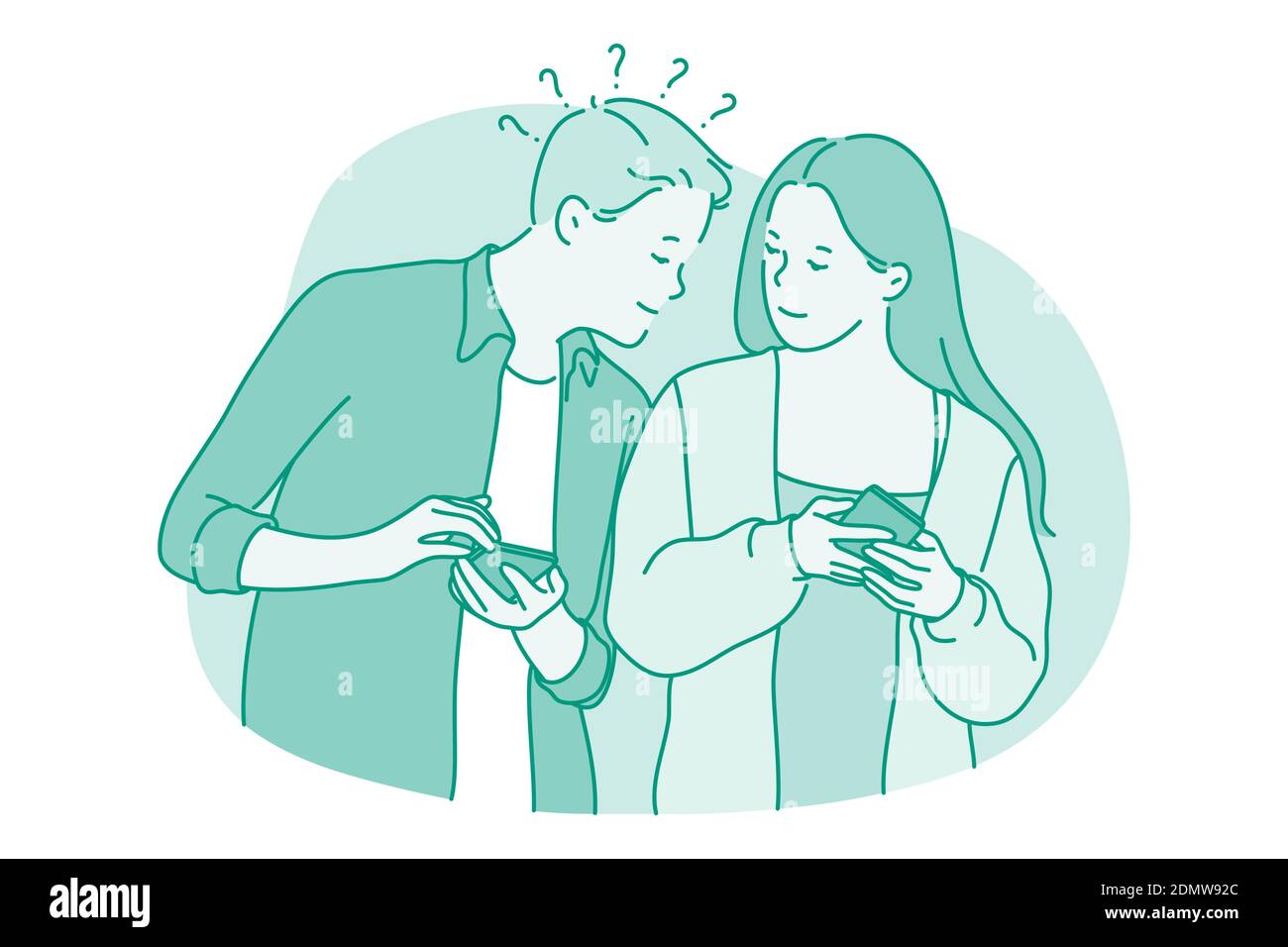 Smartphone, communication en ligne, concept de chat. Jeune couple regardant les autres smartphones, chat, recherche d'informations sur Internet, appel Illustration de Vecteur
