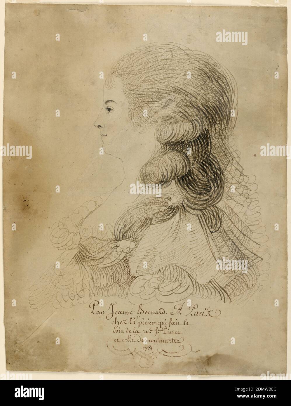Buste Portrait d'une jeune femme, Jeanne Dabos, Français, 1763 – 1842, Graphite, stylo et encre sur papier, en profil tourné vers la gauche. Verso : partie avant du profil de la même femme., Paris, France, 1781, dessin Banque D'Images