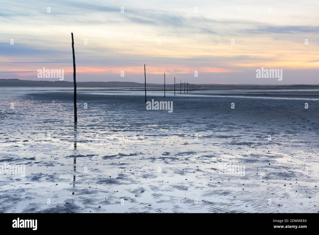 Coucher de soleil sur les poteaux qui marquent le chemin à travers la chaussée du continent à l'île Sainte, Northumberland Banque D'Images