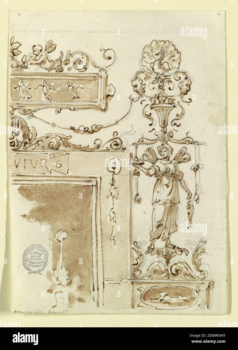 Projet pour une chimièce, Graphite, stylo et encre, pinceau et sépia sur papier, la moitié droite d'une chimièce. Dans la frise sont des figures dansantes. Au-dessus de l'entablature se trouve un renceau avec un puto unique. A côté se trouve une figure ailées et un motif candélabrum avec un vase et paon., Europe, fin du XVIIIe siècle, intérieurs, dessin Banque D'Images