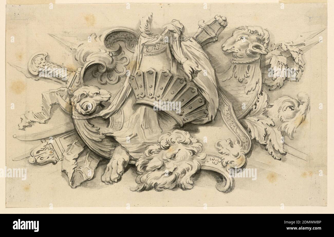 Design pour trophée des bras, stylo et encre, pinceau et aquarelle, graphite sur papier couté, CASQUE avec queue de cheval au centre du dessin., France, 1730, dessin Banque D'Images