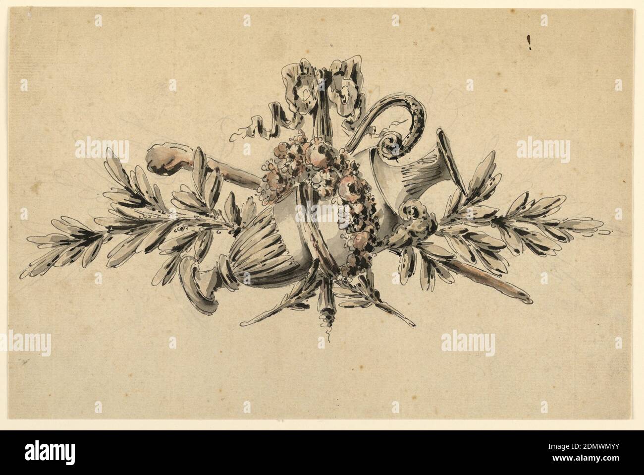 Design pour un Trophée, Richard de Lalonde, français, actif 1780–96, Richard de Lalonde, français, actif 1780–96, Graphite, stylo et encre noire, pinceau et rose, aquarelle brune, laver, sur papier crème, Trophée composé d'une égout entourée d'une couronne de fleurs, un personnel de marche incliné au centre, Branches d'olivier au-dessus et en dessous, toutes reliées par un ruban attaché dans un arc., France, 1780, métallurgie, dessin Banque D'Images