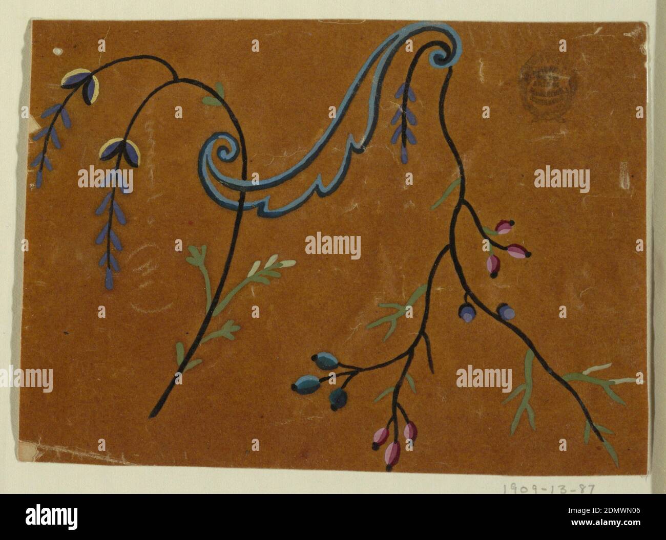 Design pour un tissu tissé, fragment, bleu, vert, rose, jaune, et gouache noir sur papier de traçage huileux, monté, UN spray de fleur s'élève de l'extrémité inférieure d'un rouleau de feuilles. Un gouis incurvé avec des feuilles est coincé par son point., France, 1815-1840, dessin Banque D'Images