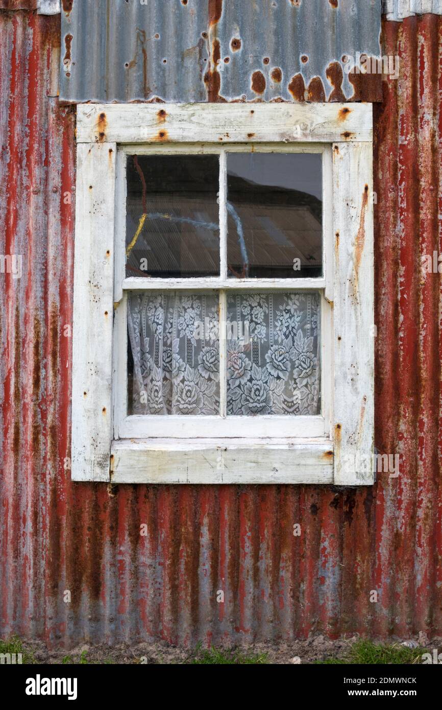 Fenêtre en vieux croft de fer ondulé à Hushinish, île de Harris, Écosse Banque D'Images