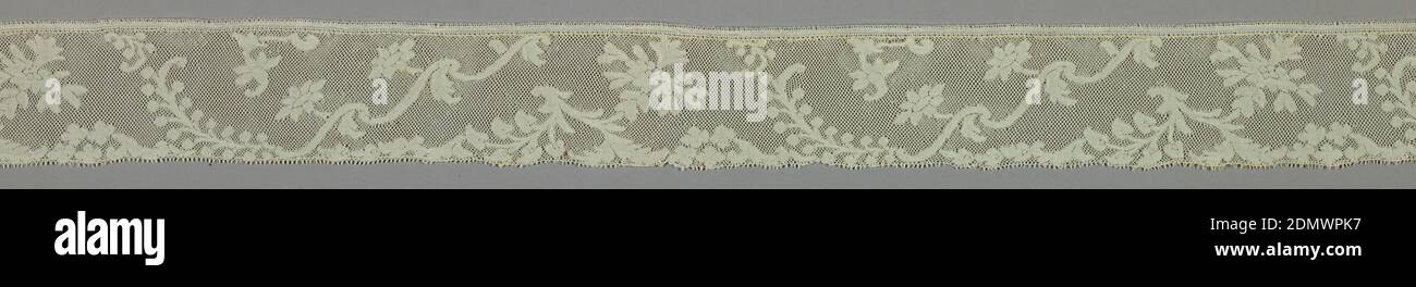 Edge, Medium: linen technique: Dentelle bobin (terre de Valenciennes), Scroll, feuilles et motifs floraux dans un champ ouvert., France, 18ème siècle, dentelle, bord Banque D'Images