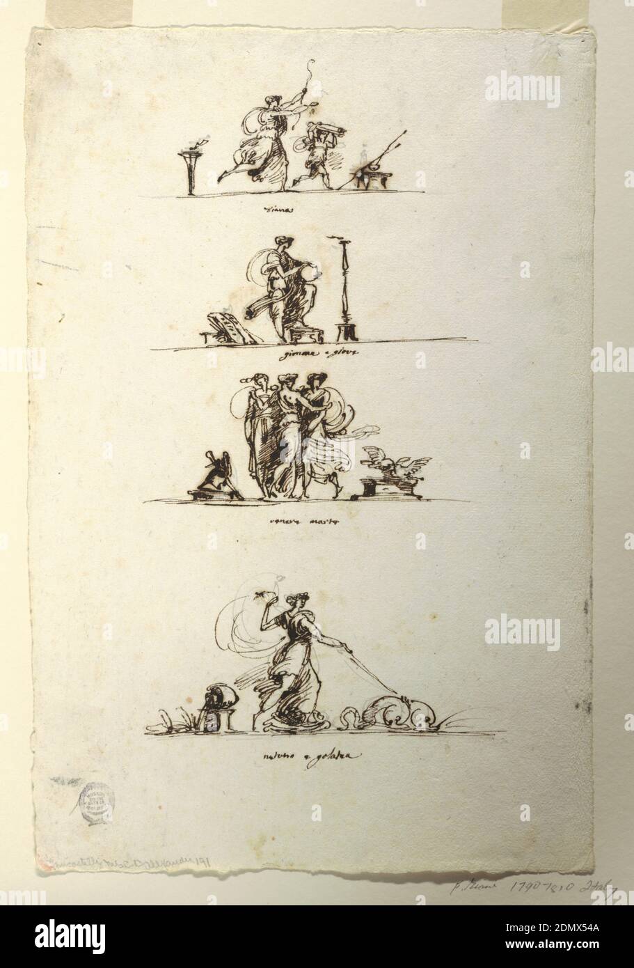 Four Antique Goddesses, Felice Giani, italien, 1758–1823, encre de plume et marron, craie noire sur papier vélin, rectangle vertical. Rangée supérieure : 'diana.' La déesse court avec l'arc vers la droite. Un garçon avec le quiver court avant elle. Deuxième rangée: 'Giunone e Giove.' Une femme debout avec un disque, entre un livre à gauche, un candélabre à droite. Troisième rangée: 'Venere e marte.' Les trois grâces entre un trophée d'armes à gauche, une paire de colombes à droite. Rangée du bas : retour e galatea.' Galatea à cheval dans une coquille dessinée par les dauphins. Inverser, horizontalement, Vénus et Mars, assis sur un lit., Italie, après 1850 Banque D'Images