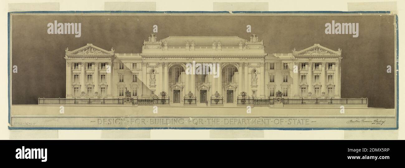 Design pour la construction du département d'État, stylo et encre noire, brosse et lavage gris, graphite sur papier, grand bâtiment classique, façade porcotiquée et ailes de pierre. Ci-dessous: CONCEPTION DE BÂTIMENT POUR LE DÉPARTEMENT D'ÉTAT; en bas à gauche: ÉCHELLE - 1/16' = 1'0., États-Unis, 1912, architecture, dessin Banque D'Images