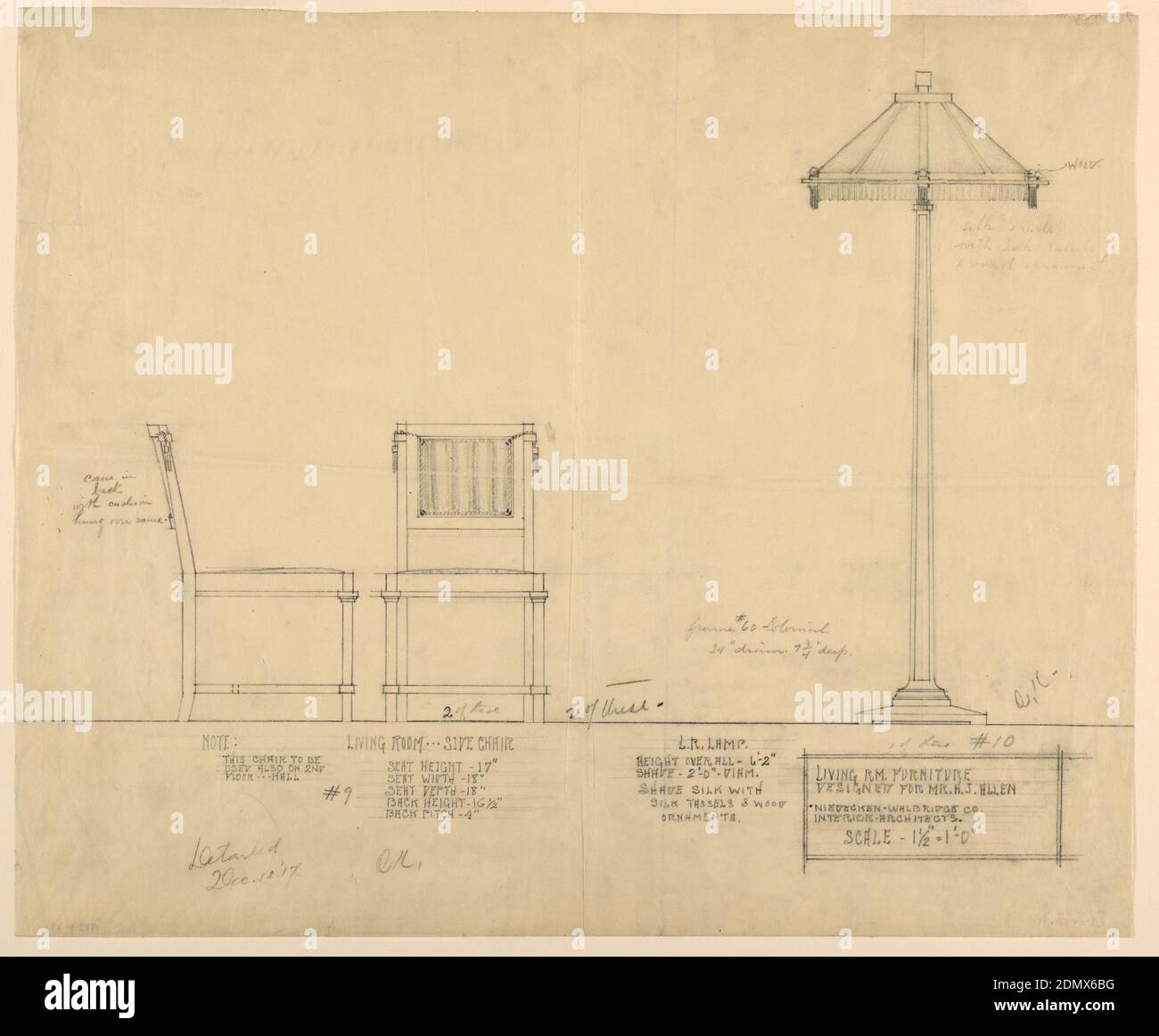 Meubles de salon, résidence Henry J. Allen, Wichita, Kansas, George Mann Niedecken, 1878–1945, Henry J. Allen, Elsie J. Nuzman (Mme Henry J.) Allen, Graphite, crayon couleur sur papier beige, page divisée en deux registres par une ligne horizontale près du bas de la page. Centre, design pour deux chaises et lampe., Etats-Unis, 1917, mobilier, dessin Banque D'Images