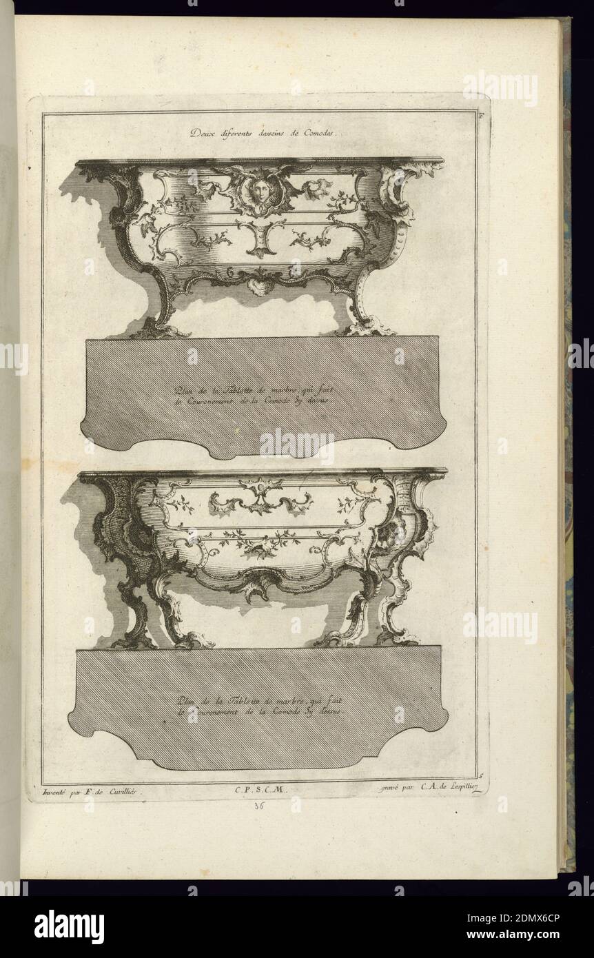 Deux diferents desseins de Comodes, François de Cuvilliés The Elder, Belge, active Allemagne, 1695 - 1768, Karl Albert von Lespilliez, 1723–1796, Etching, gravure sur papier blanc cassé, deux petites tables, l'une au-dessus de l'autre avec vue en élévation et plan., Allemagne, 1745, mobilier, Imprimer Banque D'Images