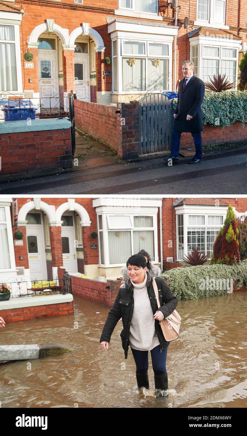 Image composite montrant (en haut, aujourd'hui) le leader travailliste Sir Keir Starmer lors d'une visite à Bentley, dans le Yorkshire du Sud, pour rencontrer les résidents et les propriétaires d'entreprises touchés par les inondations de l'année dernière, et (en bas, 08/11/19) une image du même endroit montrant la rue inondée. Banque D'Images