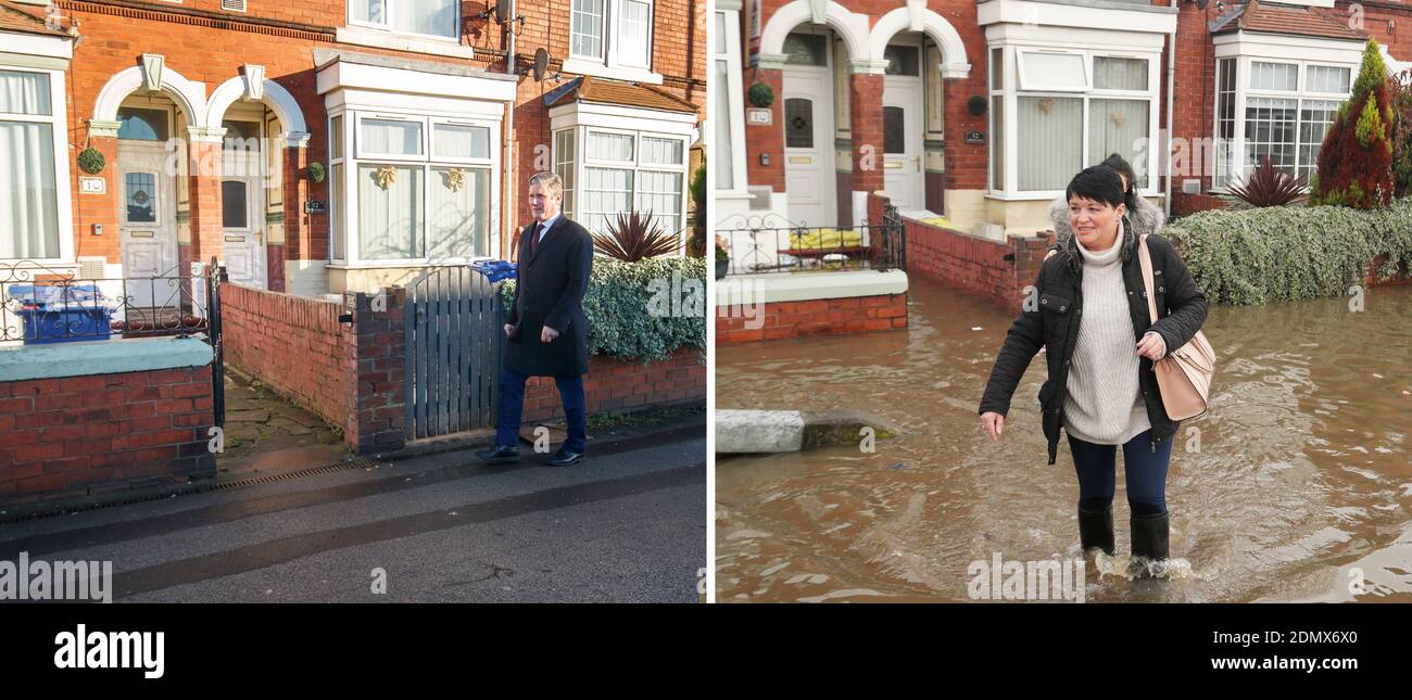 Image composite montrant (à gauche, aujourd'hui) le leader travailliste Sir Keir Starmer lors d'une visite à Bentley, dans le Yorkshire du Sud, pour rencontrer les résidents et les propriétaires d'entreprises touchés par les inondations de l'année dernière, et (à droite, 08/11/19) une image du même endroit montrant la rue inondée. Banque D'Images