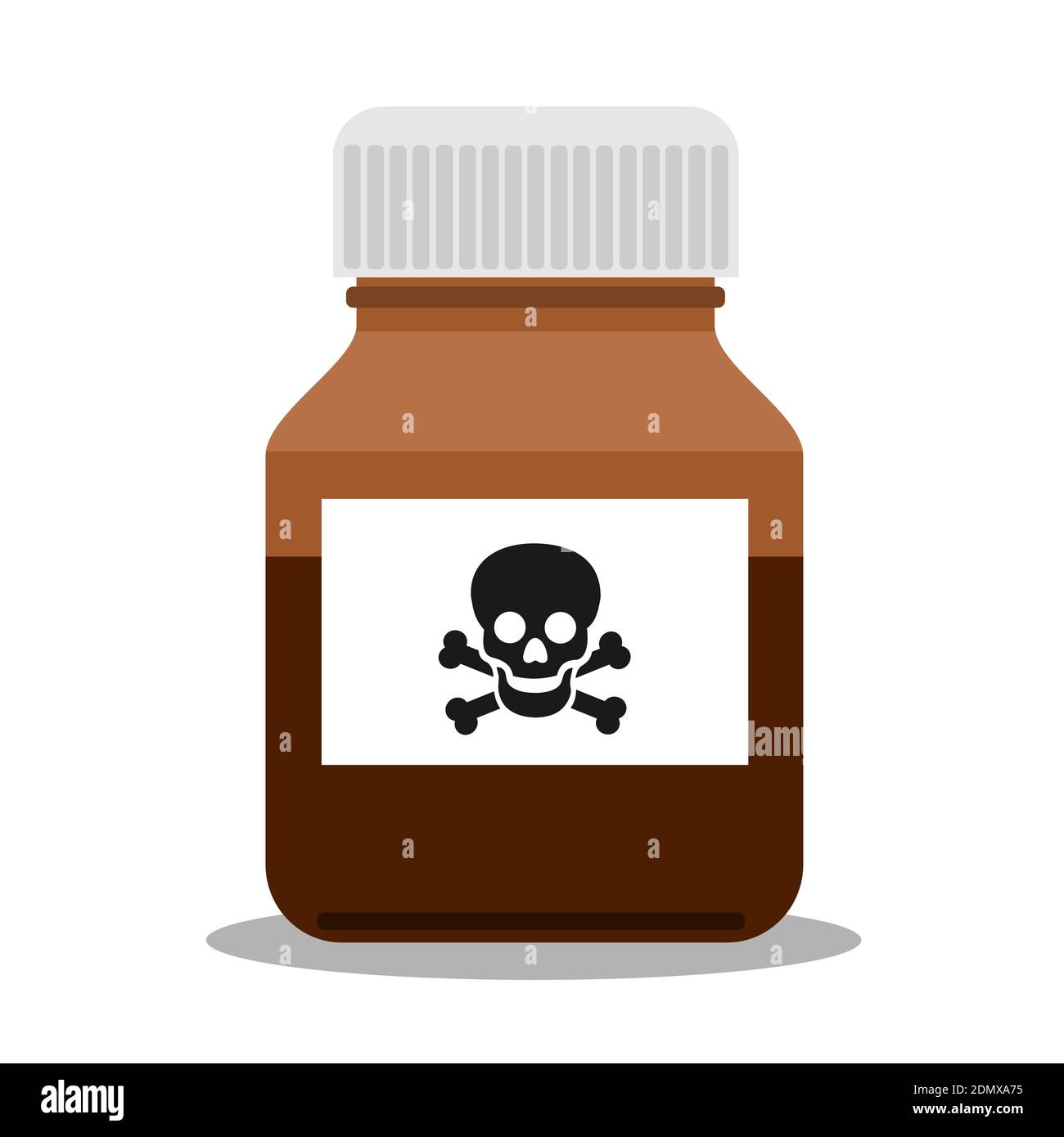 La bouteille, le pot et le contenant pour la madicine ont une étiquette d'avertissement - danger de surdosage par la drogue, la médecine, la pilule et le poison toxique. Illustration vectorielle Banque D'Images