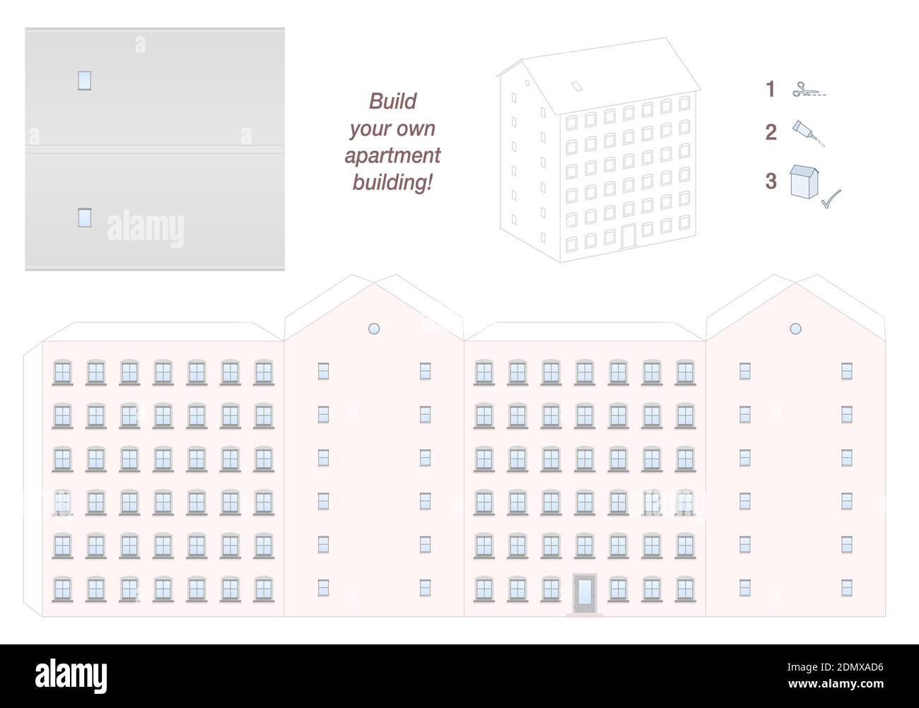 Modèle de papier gratte-ciel. Modèle de construction d'appartement - Grande maison de ville pour de nombreux résidents. Découpez-le, pliez-le et collez-le. Banque D'Images