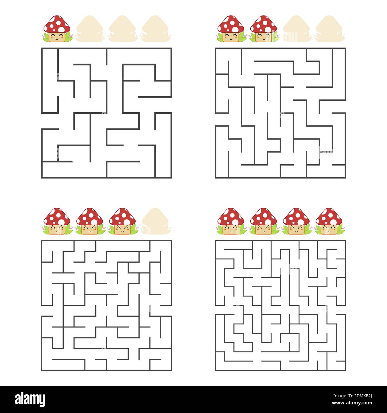 Un ensemble de labyrinthes carrés. Quatre niveaux de difficulté. Champignons mignons. Jeu pour enfants. Une entrée, une sortie. Tambour de labyrinthe. Illustrateur de vecteur plat Illustration de Vecteur