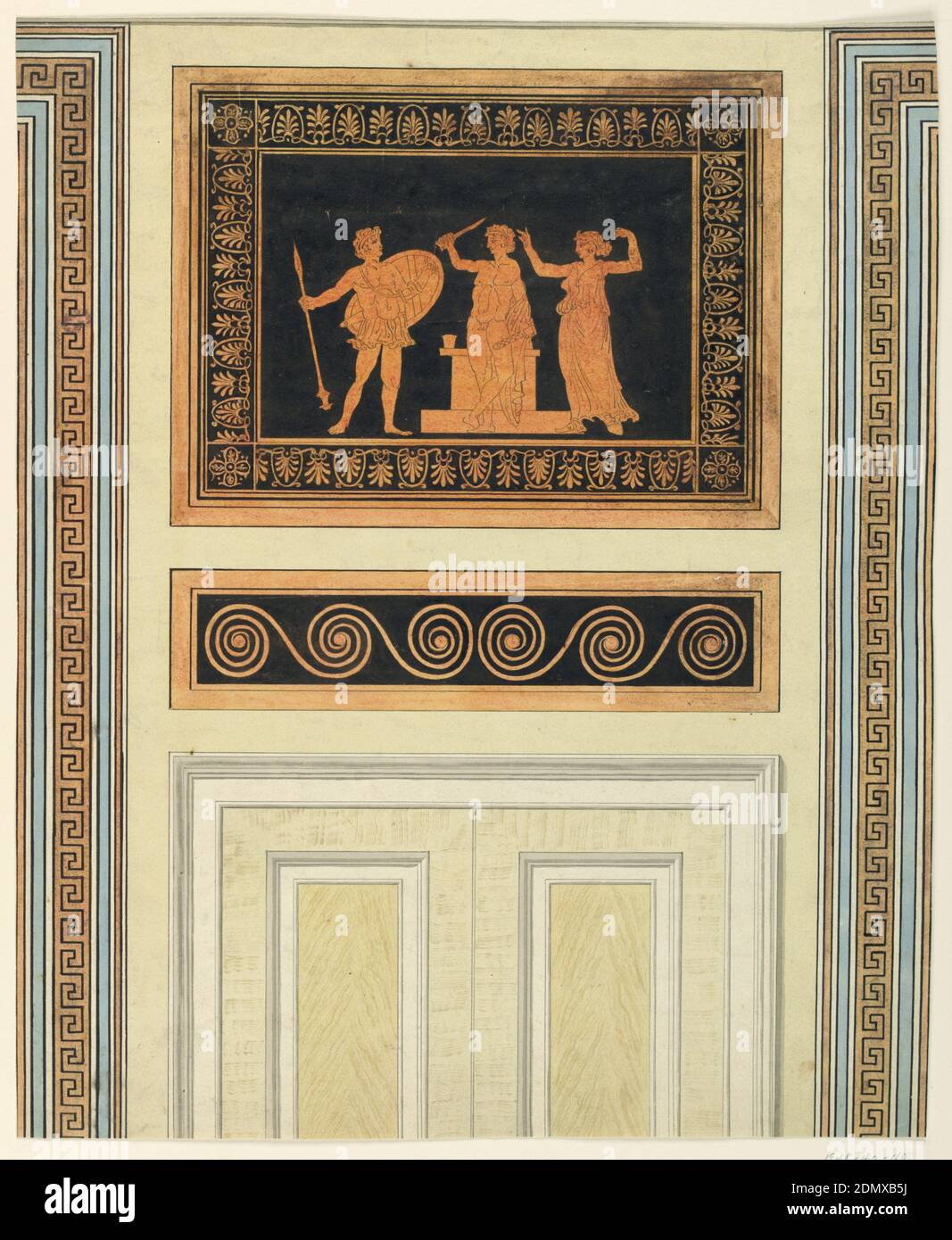 Wall Elevation, Frederick Crace, anglais, 1779–1859, stylo et encre noire, pinceau et aquarelle sur papier vélin, rectangle vertical : deux portes lambrsées au centre, motif grec Frieze ci-dessus, motif grec Fret à gauche et à droite., 1815–22, intérieurs, dessin Banque D'Images