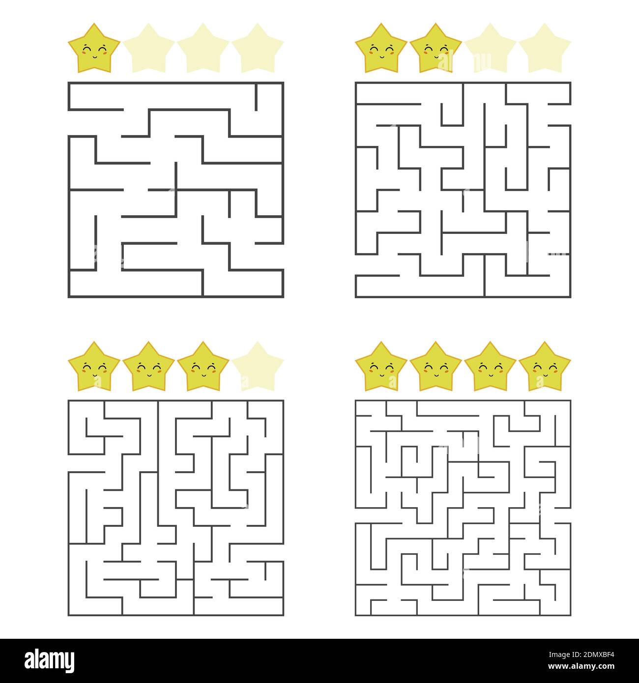 Un ensemble de labyrinthes carrés. Quatre niveaux de difficulté. Étoiles mignons. Jeu pour enfants. Puzzle pour les enfants. Une entrée, une sortie. Tambour de labyrinthe. Plat v Illustration de Vecteur