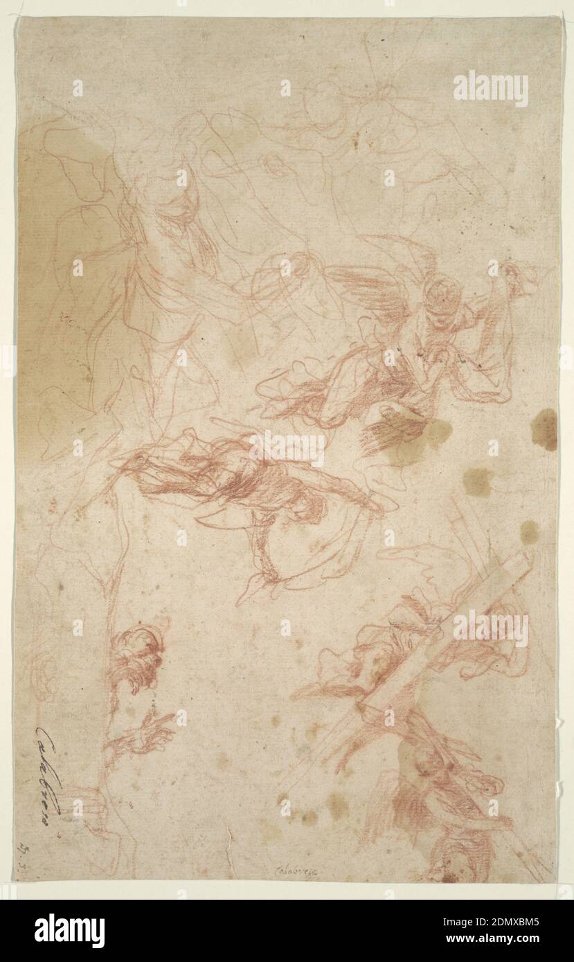 Anges portant la Sainte Croix et le Shroud, Mattia Perti, Italien, 1613 - 1699, craie rouge sur papier, esquisses de deux anges ailés volant et chacun portant un grand carénage dans leurs mains. En bas à droite, les croquis de deux anges ailés volant et portant de grandes croix sur leur chesst. En haut à gauche, croquis des figures, Naples, Italie, 1661–66, figures, dessin Banque D'Images