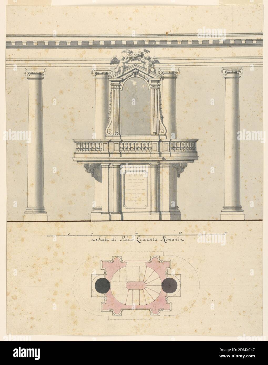 Design pour une Pulpit, stylo et encre noire, pinceau et lavage, aquarelle rose, graphite sur papier, conception pour une pulpit sans support de colonnes séparées. Chérubins en haut. Le plan du projet est le même que 1938-88-3612., Rome, Italie, ca. 1750, architecture, intérieurs, dessin Banque D'Images