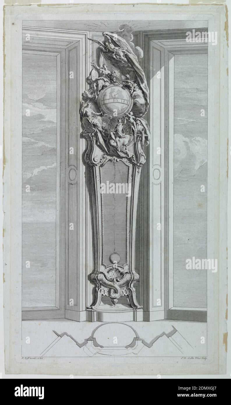 Design pour une horloge à long-case dans une niche, Charles-Nicolas Cochin le plus jeune, 1715 - 1790, Antoine François Vassé, français, 1681 - 1736, Etching sur papier, vue frontale d'une horloge haute. Le haut est décoré de globe et de figures allégoriques autour de lui. En premier plan, plan de l'horloge. Inscrit, en bas à gauche: 'A. Vassé invenit et deli'; en bas à droite: 'C.N. Cochin Filius Sculp.', France, ca. 1734, Imprimer Banque D'Images Design pour une horloge à long-case dans une niche, Charles-Nicolas Cochin le plus jeune, 1715 - 1790, Antoine François Vassé, français, 1681 - 1736, Etching sur papier, vue frontale d'une horloge haute. Le haut est décoré de globe et de figures allégoriques autour de lui. En premier plan, plan de l'horloge. Inscrit, en bas à gauche: 'A. Vassé invenit et deli'; en bas à droite: 'C.N. Cochin Filius Sculp.', France, ca. 1734, Imprimer Banque D'Images