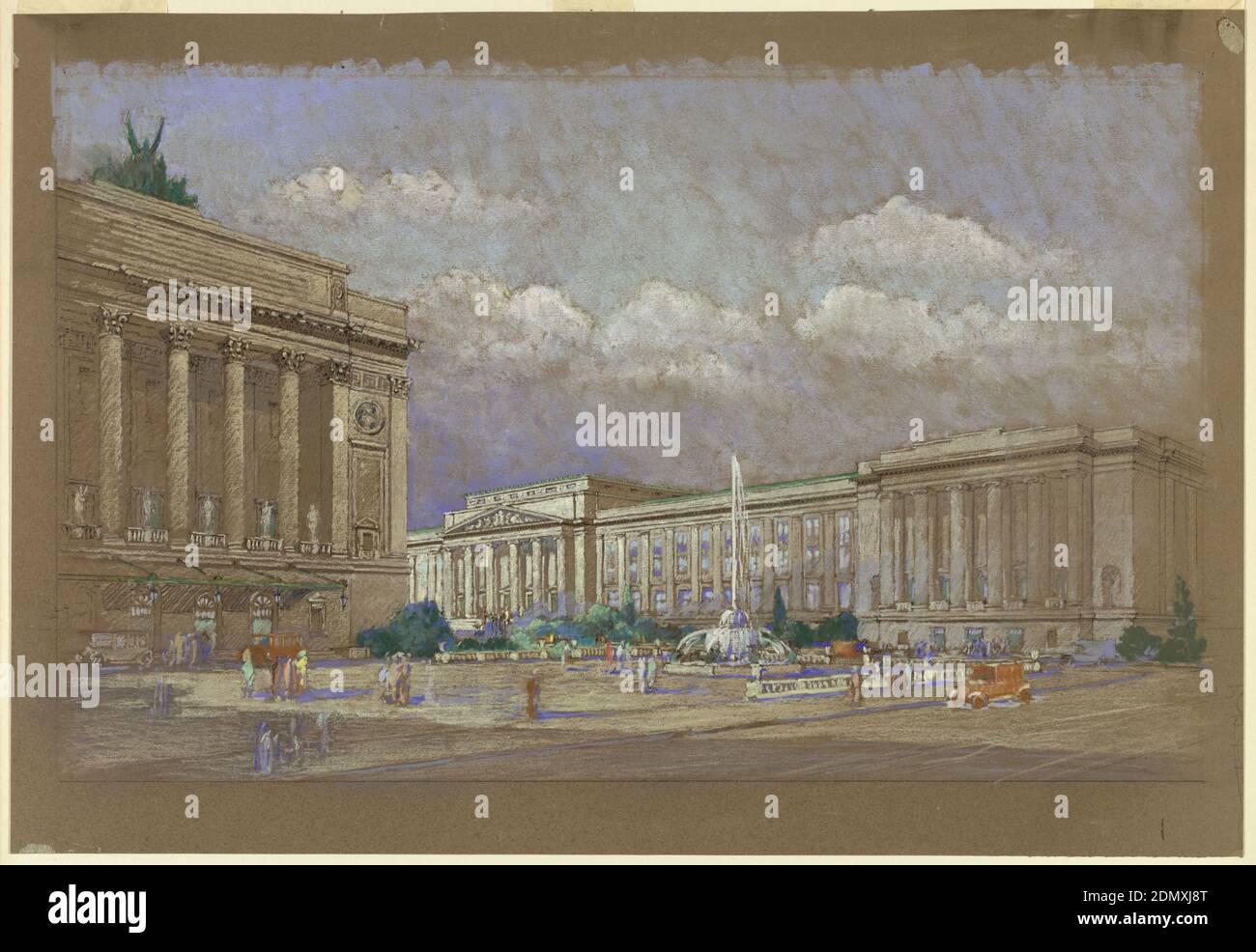 Étude pour le centre de musique et d'arts proposé, New York, NY, pastel sur papier vélin brun, vue de deux bâtiments de style néoclassique avec fontaine au milieu du sol; personnes se promenant dans l'espace ouvert devant les deux bâtiments., USA, ca. 1915, architecture, dessin Banque D'Images