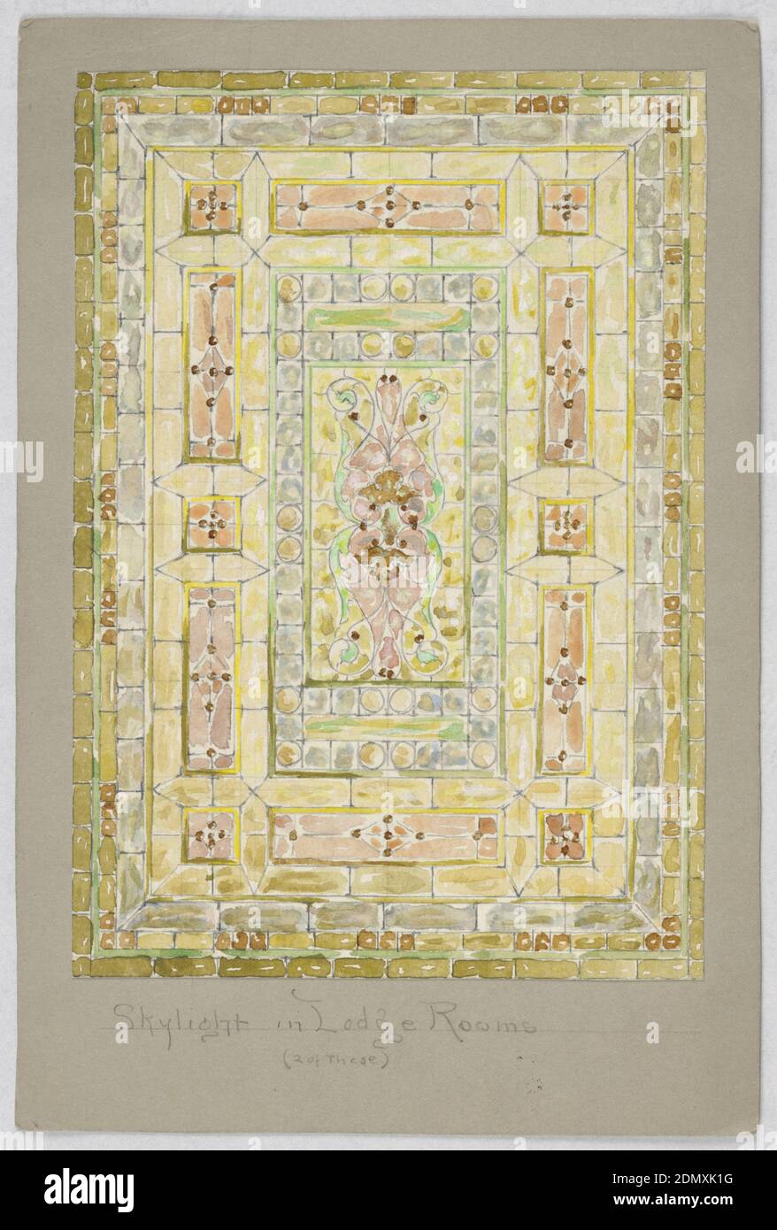 Design pour fenêtre en vitraux : lucarne dans les chambres Lodge, Alice Cordelia Morse, cuisine américaine, 1863–1961, pinceau et lavage, gouache, graphite sur papier monté sur panneau d'illustration Havane, fenêtre rectangulaire de bleu, jaune et rose avec pétales centraux en rose., États-Unis, fin du XIXe siècle, architecture, intérieurs, dessin Banque D'Images