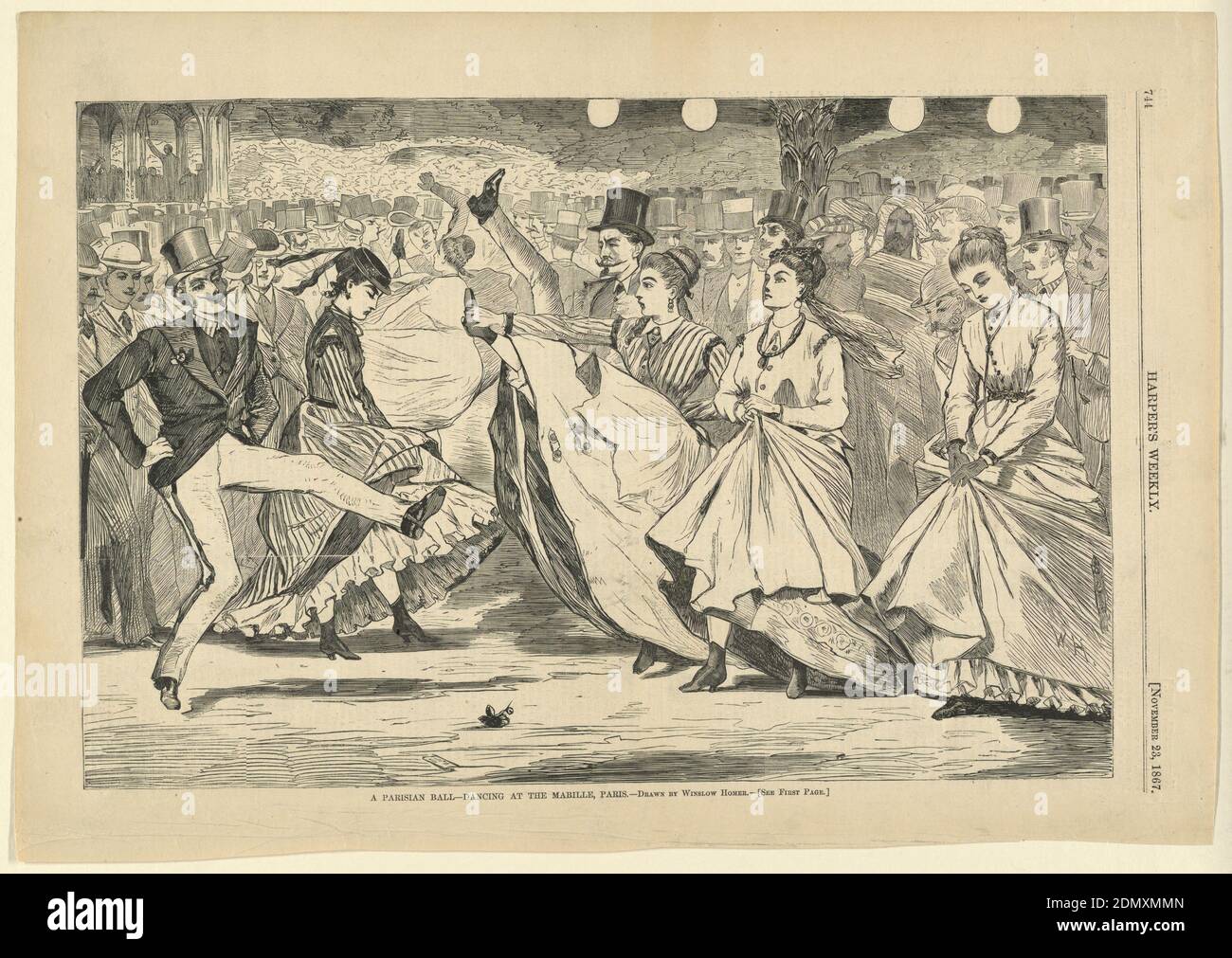A Parisian ball – danse à la Mabille, Paris, Winslow Homer, cuisine américaine, 1836–1910, Harper's Weekly, gravure en bois à l'encre noire sur papier, plusieurs couples dansant, faisant de très fortes coups de pied. En arrière-plan, une foule d'hommes portant des chapeaux de haut., USA, 23 novembre 1867, figures, Imprimer Banque D'Images