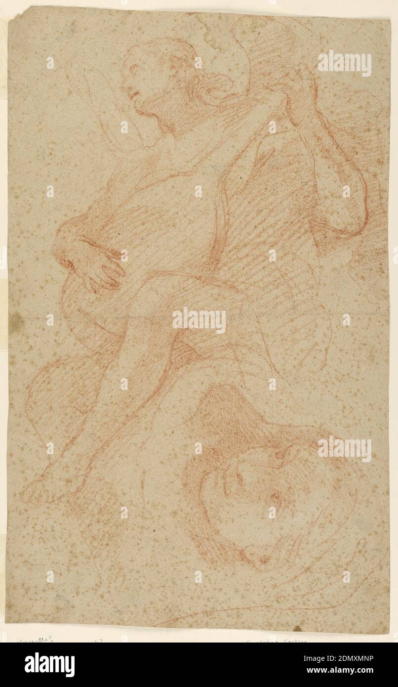 Angel jouant Lute; Verso Angels avec Croix, craie rouge sur papier, Angel montré en profil de trois quarts, face à gauche, sa bouche ouverte dans la chanson. Ci-dessous, la tête d'une femme., Italie, 1600–1650, figures, dessin Banque D'Images