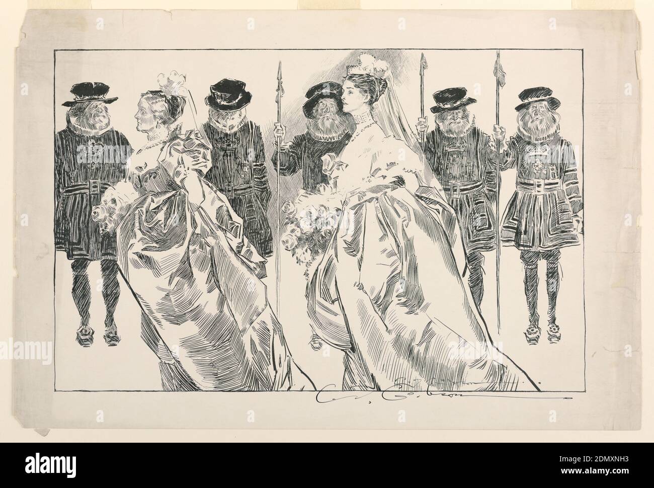 Présenté à la Cour, Charles Dana Gibson, cuisine américaine, 1867–1944, encre sur papier, preuve de première instance pour illustration. Une dame, suivie de sa fille, les deux en robe de cour, passe un dossier de cinq beefeaters., USA, 1897, figures, Print Banque D'Images