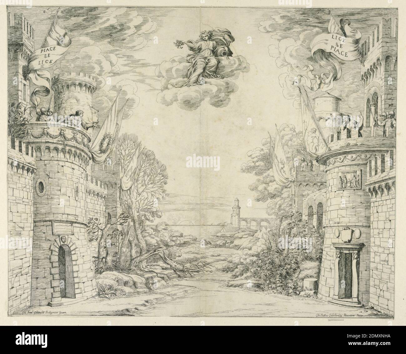 Scène pour il Trionfo della Pietà, Giovanni Francesco Grimaldi, italien, 1606 – 1680, Giovanni Battista Galestuzzi, italien, 1615 – 1669, gravure à l'encre noire sur papier, rectangle horizontal. Un paysage rocheux s'ouvre sur la mer, avec le soleil couchant. Châteaux de part et d'autre, avec des figures gesticulantes des remparts. Sur un nuage au centre, la figure de « l'abondance ». Bannières des casltes, inscrites: 'PIACE se POUs' et 'POUX se PIACE'. Noms des artistes ci-dessous., Italie, 1658, théâtre, imprimé Banque D'Images