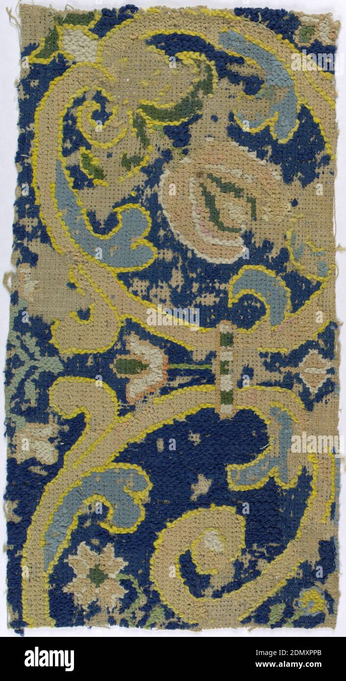 Fragment, Moyen: Technique: Broderie à points comptés, fragment d'un tapis brodé avec motif de vigne et de feuilles à défilement multicolore., Espagne, XVIIe siècle, broderie et couture, fragment Banque D'Images