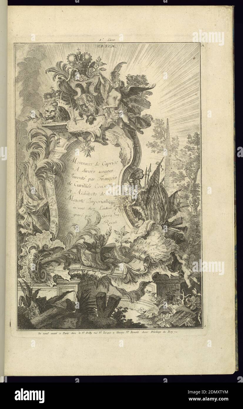 Design pour Cartouche, François de Cuvilliés The Elder, belge, active Allemagne, 1695 - 1768, Georg Siegmond Roesch, Nicolas Jean-Baptiste de Poilly, français, 1712–après 1758, Etching et gravure sur papier blanc cassé, Allemagne, 1745, ornement, impression Banque D'Images