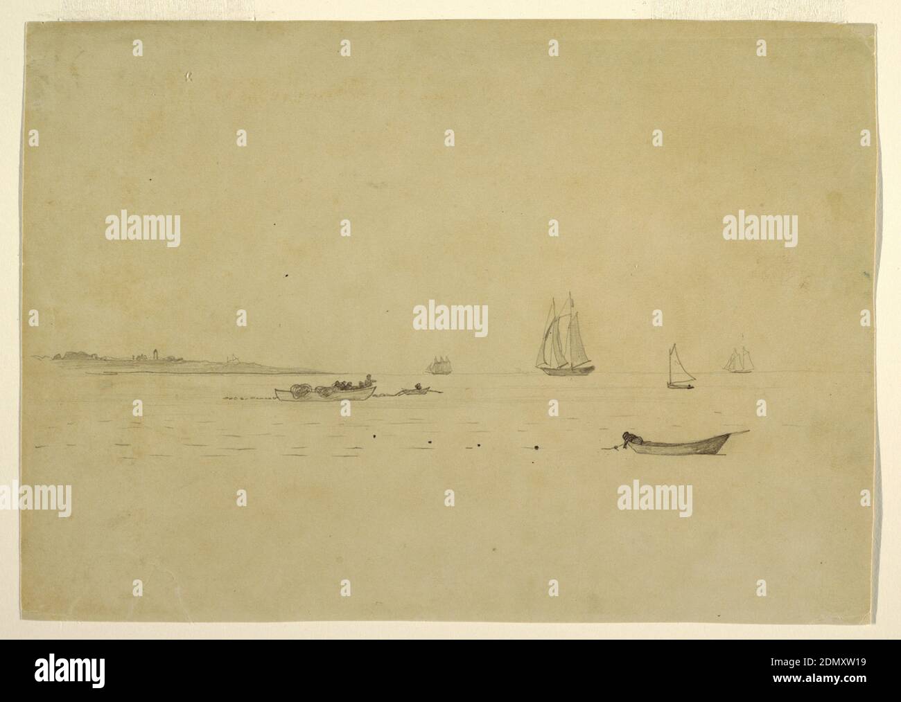 Point de terre avec un phare, Winslow Homer, cuisine américaine, 1836–1910, Graphite sur papier jaune-gris, vue horizontale montrant de la gauche un long point de terre avec un phare, courant vers la mer où cinq goélettes, un derrière le point, et trois dories sont en train de poser un filet., USA, ca. 1880, assaisonnement, dessin Banque D'Images
