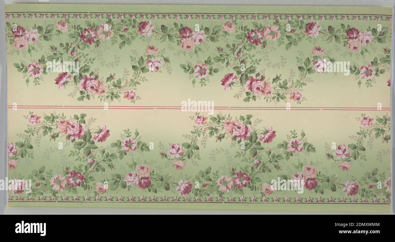 Frise, papier imprimé à la machine, sur fond vert dégradé et crème, roses roses et vignes blanches avec feuilles vertes. Deux bordures imprimées sur toute la largeur., Etats-Unis, 1905–1915, Wallcovers, Frieze Banque D'Images