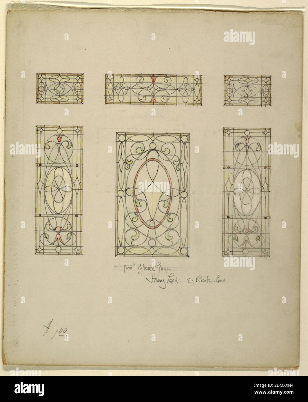 Groupe d'entrée avant vitraux, John C. Wolf, pinceau et aquarelle sur le tableau d'illustration, six vitraux avec des vignes courbés et des tulipes rouges., États-Unis, 1890–1900, glasswares, dessin Banque D'Images