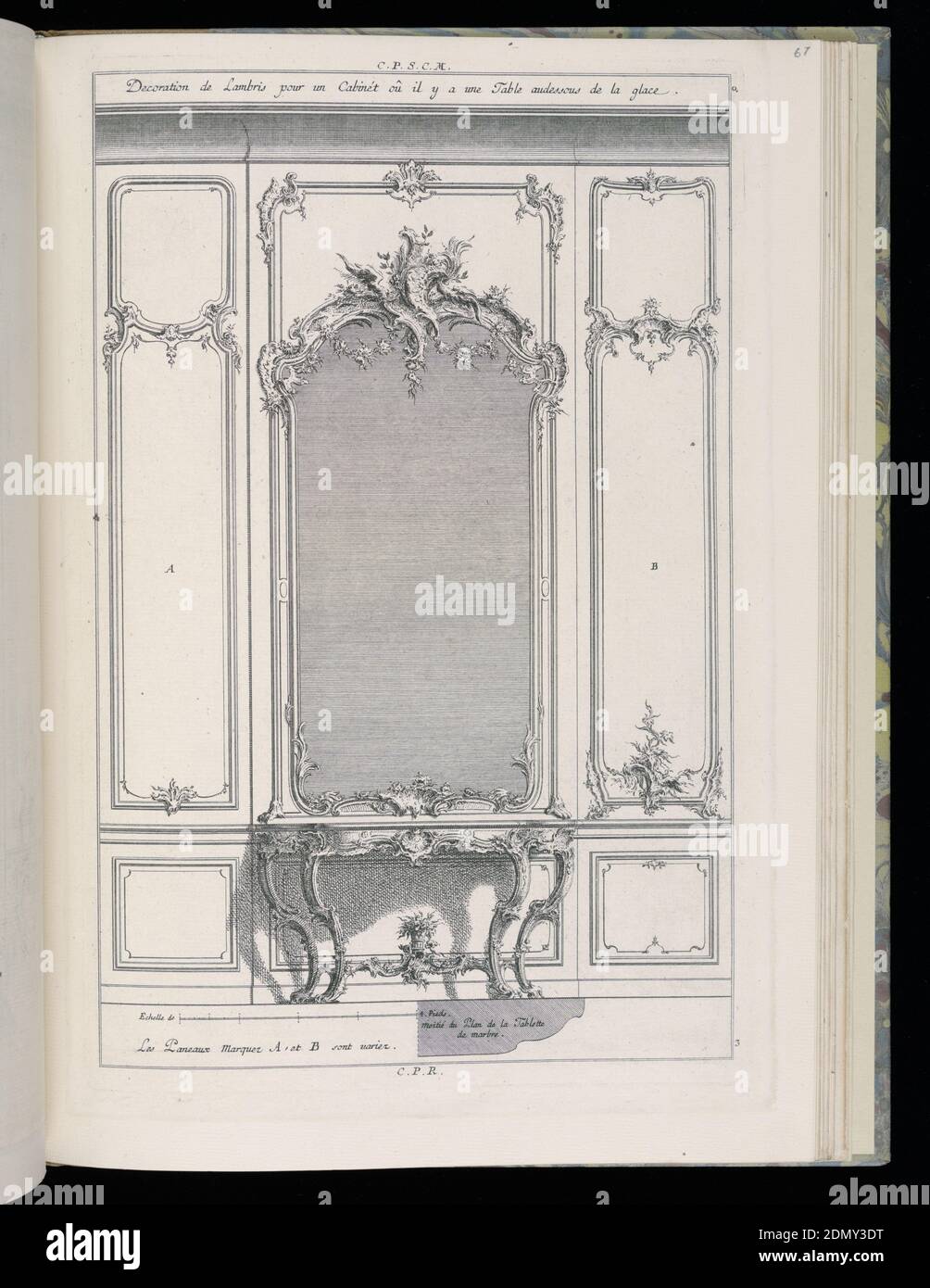 Mur avec miroir et console de table, Desseins de Lambris (Wainscinting Designs), François de Cuvilliés The Elder, Belge, active Allemagne, 1695 - 1768, Carl Albert von Lespilliez, allemand, 1723 - 1796, Nicolas Jean-Baptiste de Poilly, français, 1712 - après 1758, François de Cuvilliés The Elder, Belge, active Allemagne, 1695 - 1768, actif Gravure sur papier, conception pour un mur intérieur de style rococo. Au centre, flanqué de deux panneaux dans des arrangements décoratifs variés, se trouve un grand miroir encadré surmonté de scrollwork ornemental et de végétation. Sous le rétroviseur, une table de console à quatre pattes Banque D'Images