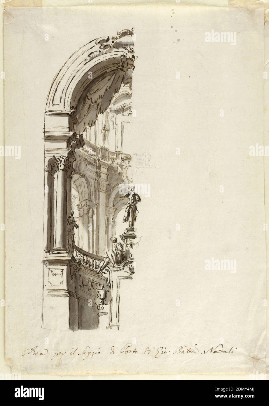 Design architectural Around Door, Giovanni Battista Natali III, Italien, 1698 - 1765, encre stylo et marron, lavage gris, craie noire sur papier couchée, rectangle vertical montrant l'arche. Seul le côté gauche du dessin est terminé., Italie, env. 1750, architecture, dessin Banque D'Images