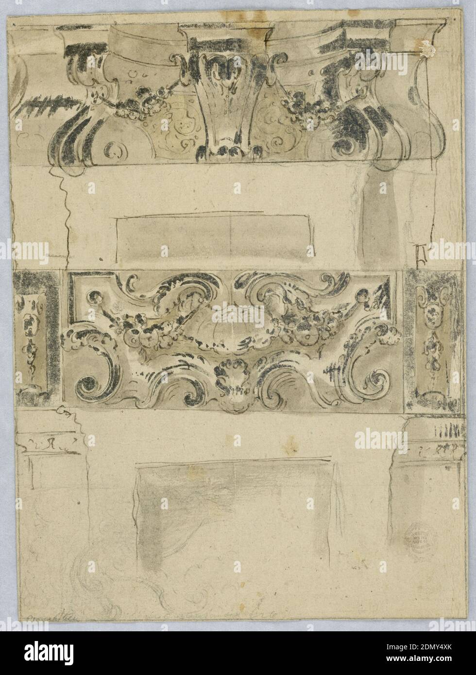 Design pour Dados, stylo et encre noire, brosse et lavage brun sur papier, Etudes de frises murales, Italie, 1725–50, architecture, intérieurs, dessin Banque D'Images