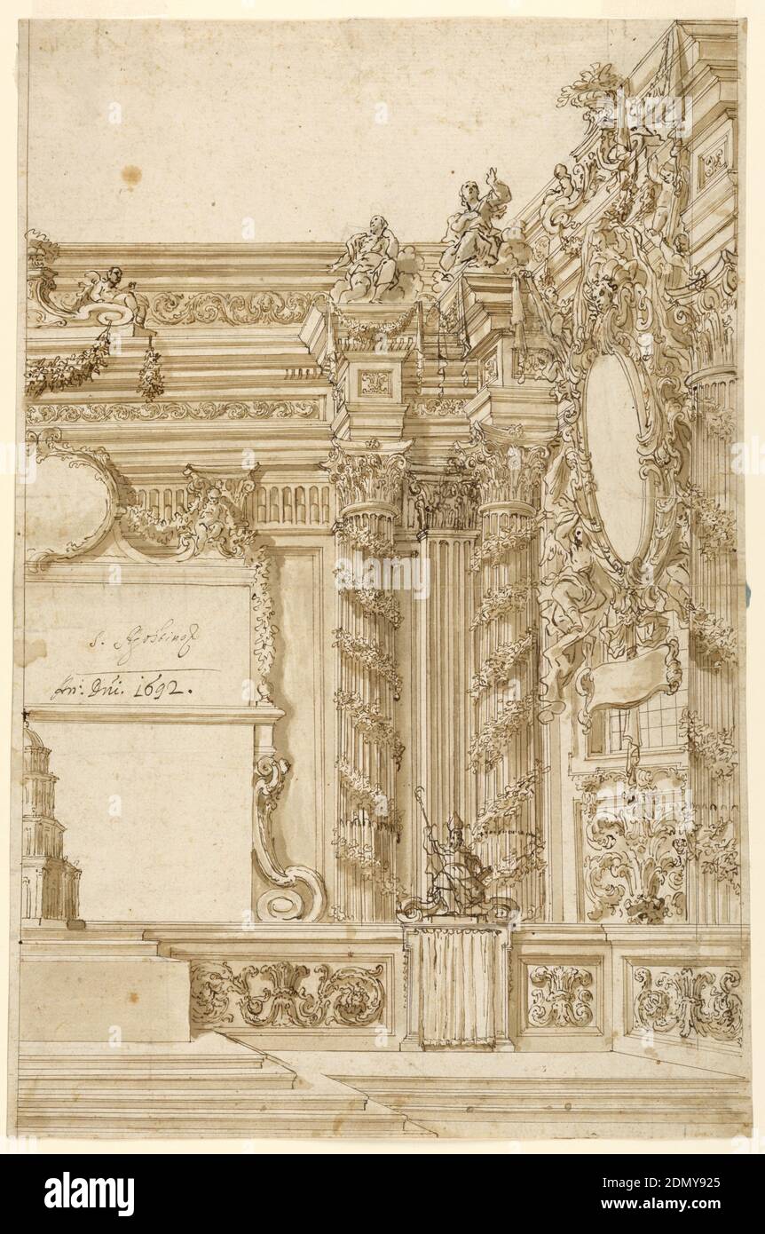 Sanctuaire de l'église, probabl, stylo et encre brune, lavage brun, craie noire support: Papier blanc posé, Italie, Italie, 1692, architecture, dessin Banque D'Images