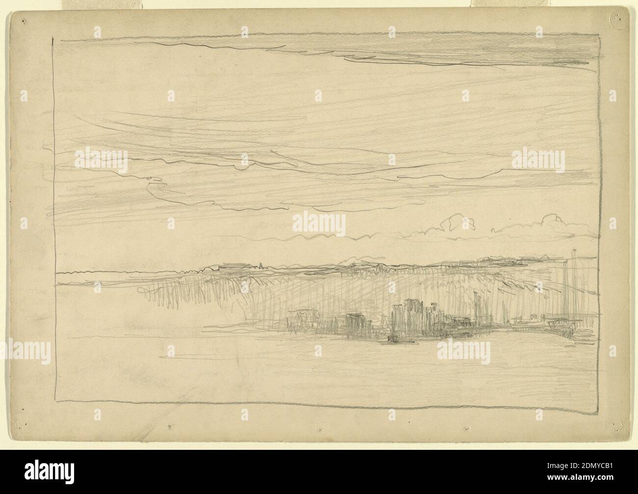 Landscape, Leon Dabo, American, 1868–1960, Graphite sur papier épais, UNE vue à travers l'espace plat avec des objets contre les falaises au loin (peut-être vue à travers la rivière Hudson avec les Palisades du New Jersey au loin)., USA, ca. 1913, paysages, dessin Banque D'Images