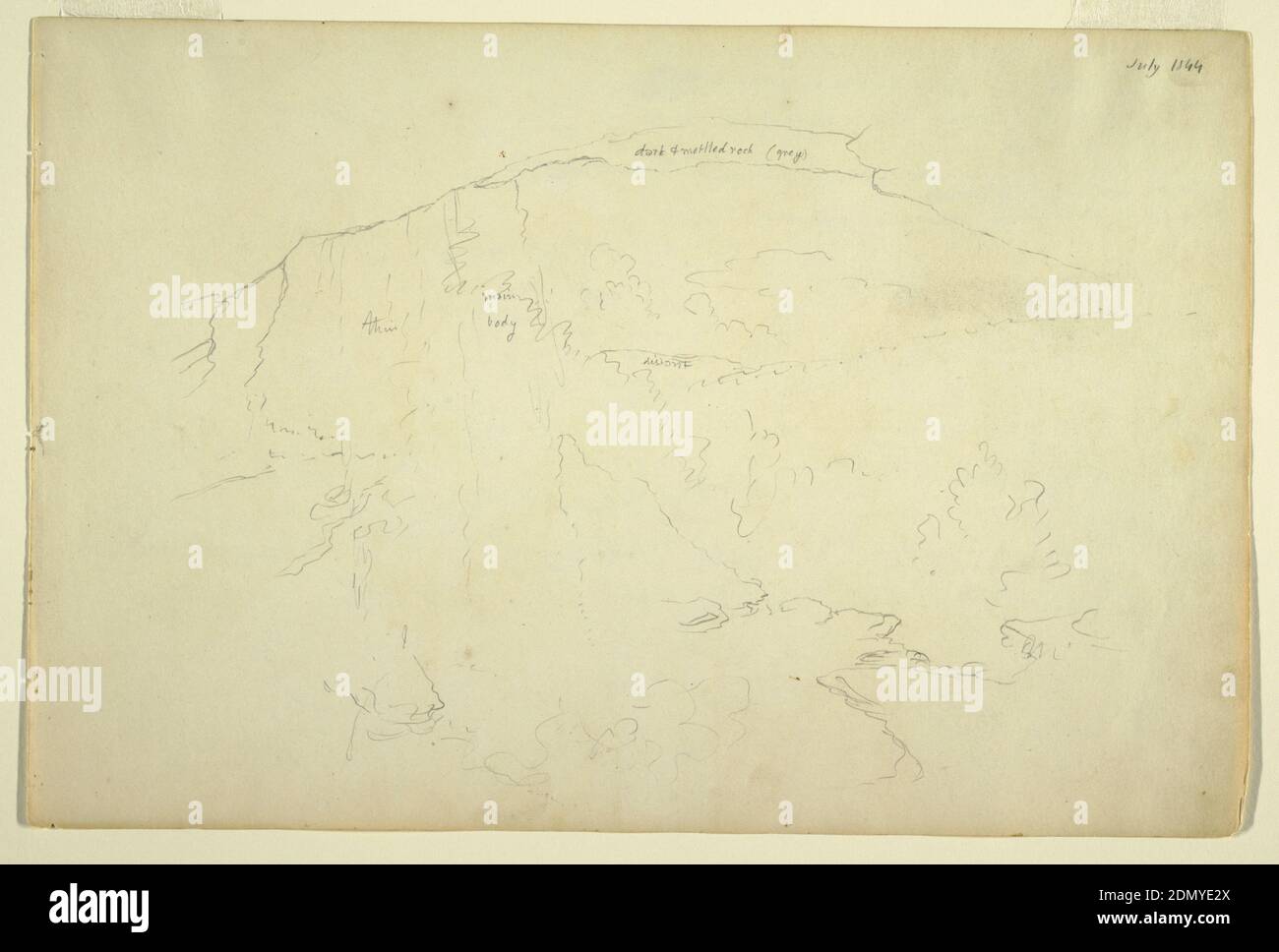 Hillside boisée, Catskill Mountains, église Frederic Edwin, américaine, 1826–1900, Graphite sur papier blanc., Recto: Pente boisée colline., Verso: Profil de Catskills et étude de nuages avec un ketch d'un homme marchant vu de l'arrière, à droite centre supérieur., juillet 1844, paysages, dessin Banque D'Images